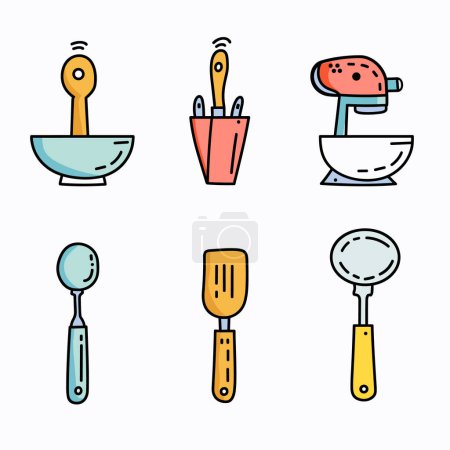 Küchenutensilien setzen Cartoon-Stil isoliert weißen Hintergrund. Helle bunte Kochgeräte flaches Design, lebendige Geschirr-Ikonen. Vektor Illustration Kochwerkzeuge, einfacher runder Löffel
