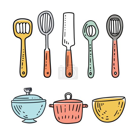 Colorful kitchen utensils illustration, cartoon style cooking tools, kitchenware set, handdrawn spatula, whisk, knife, spoon, bowl, pot, saucepan, colorful handles cooking equipment kitchen