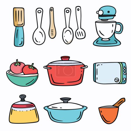 Kitchen utensils appliances doodle, colorful cartoon. Cooking baking tools, handdrawn vector kitchenware set. Microwave, coffee maker, pots, spoons, tomatoes bowl illustration isolated