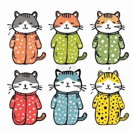 Seis gatos de dibujos animados vistiendo uno de colores, patrones únicos de colores. Lindos personajes felinos de pie, ojos cerrados, trajes juguetones, diseñado simple, doodlestyle arte. Gatos alegres, dibujados a mano vestidos