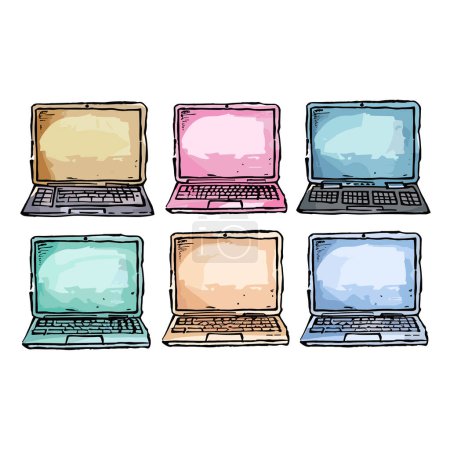 Seis coloridas computadoras portátiles dibujadas a mano representadas, pantallas únicas de color pastel. Los portátiles dibujados aparecen contornos negros simplistas, insinuando arte digital. Vector arreglado dos tres, lo que sugiere diversidad