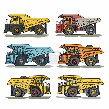 Sechs bunte Muldenkipper illustrierten verschiedene Farbschattierungen. Schwerlast-Baufahrzeuge konstruierten das Schleppen von Materialien. Lebendige, cartoonartige Bergbau-LKW Seitenansicht