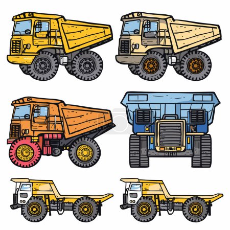 Six colorful dump trucks haul trucks, illustrated cartoon style. Different designs angles heavyduty mining construction vehicles. Bright colors include yellow, blue, black, beige exaggerated tire