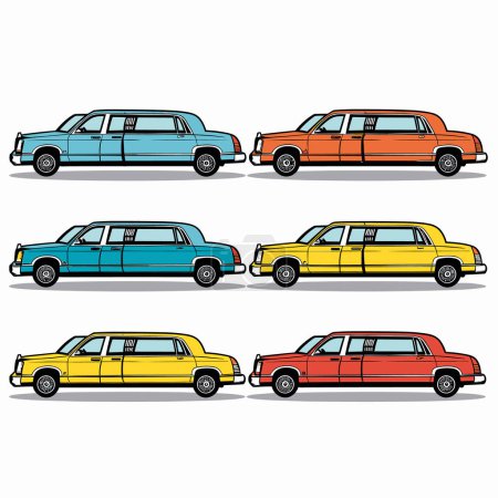 Illustration for Retro taxis side view different colors classic city transport. Vintage cab design urban taxi service illustration. Yellow, blue, red cars cartoon flat vector isolated white background - Royalty Free Image