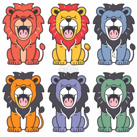 Six lions de dessin animé exprimant différentes émotions, allant heureux triste, assis sur fond blanc isolé. Lions rangée supérieure rouge, jaune, bleu, expression faciale unique. Rangée inférieure présente orange