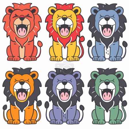 Sechs Zeichentricklöwen in verschiedenen Fellfarben brüllen mit Gesichtsausdruck. Die oberste Reihe hat rote, gelbe, die untere Löwenreihe hat orange, dunkelgrüne Löwen. Simplistisches, buntes, flaches Design, Kinder