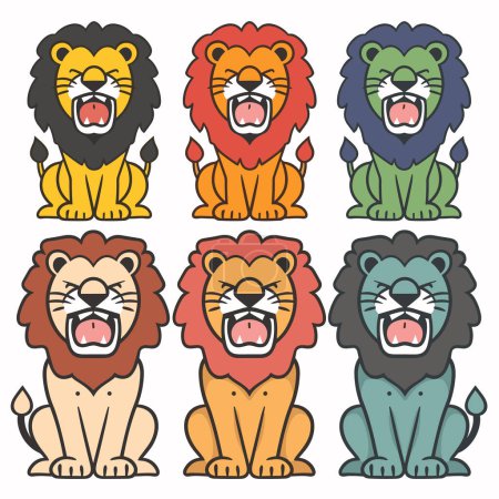 Set cartoon lions showing various emotions, colorful animated lions, happy sad lion emotions. Cute lions different expressions, childfriendly lion characters, yellow, red, green. Simple