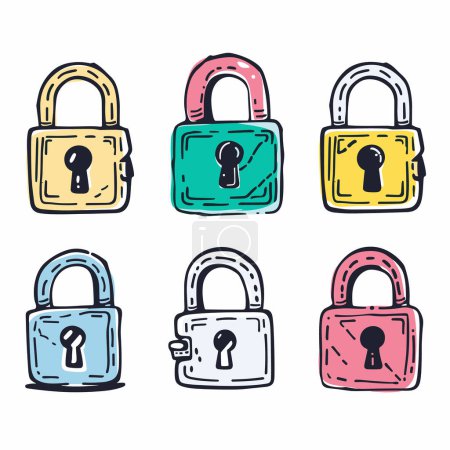 Six colorful handdrawn padlocks, security concept. Different hues, sketch style, keyholes visible. Cartoon padlocks, safety lock theme, vibrant colors