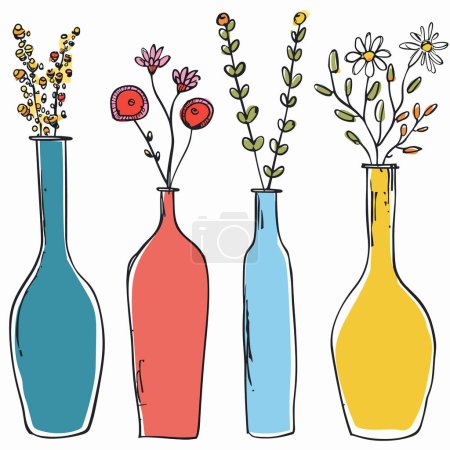 Four colorful vases flowers, handdrawn style, simple floral arrangement. Bright blue, red, light blue, yellow vases, sketched blossoms, isolated white background. Decorative vases collection