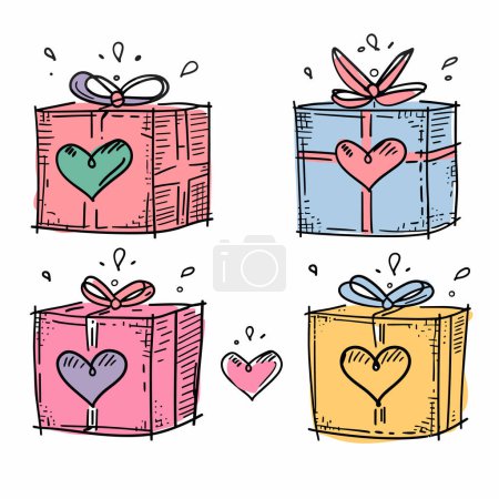 Cajas de regalo de colores corazón formas cintas, estilo dibujado a mano, concepto de amor, celebración, dar. Regalos rosados, azules, amarillos que muestran afecto amoroso, regalos dibujados del día de San Valentín del cumpleaños. Regalo