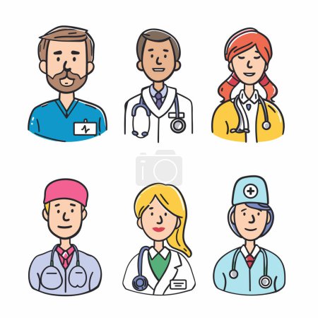 Diverse medical staff drawn cartoon style, professional healthcare workers wearing uniforms. Six individual portraits doctors nurses, distinct features medical attire, team illustration showcases