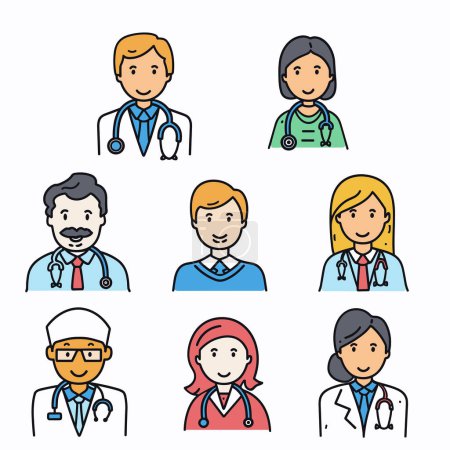 Establecer diversos personajes de dibujos animados que representan médicos trabajadores de la salud atuendo profesional. Masculino femenino personal médico batas de laboratorio, matorrales, mostrando estetoscopios, caras sonrientes
