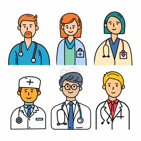 Six diverse cartoon healthcare professionals smiling. Multicultural medical team wearing scrubs, stethoscopes, lab coats. Friendly doctors, nurses, healthcare workers, cartoon style, isolated white