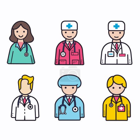 Six medical professionals illustrated colorful attire, wearing stethoscope. Top row includes female, male, male physician bottom row includes, surgeon, female. Simple, flat
