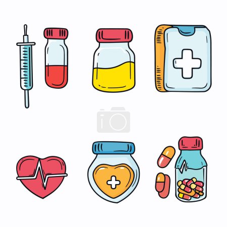 Colorful medical icons including syringe, vaccine vials, pill bottle, heart pulse, medicated lozenges, first aid kit. Cartoon style healthcare medicine objects isolated white background. Medical