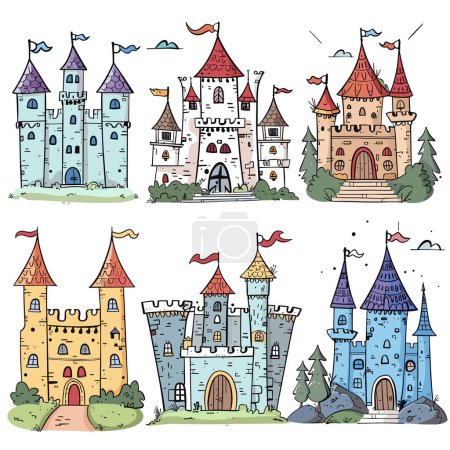 Collection fairy tale castles, colorful cartoon style. Handdrawn medieval fantasy fortresses, various designs. Majestic castles, blue, yellow red roofs, flags, isolated white background