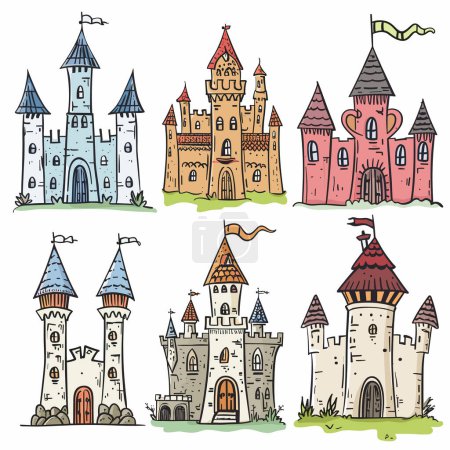 Collection de châteaux de conte de fées dessinés à la main, dessins fantaisistes colorés illustrations de livres pour enfants idéales, tours uniques de château, drapeaux, portes, ensemble sur fond blanc. Livre d'histoires médiéval