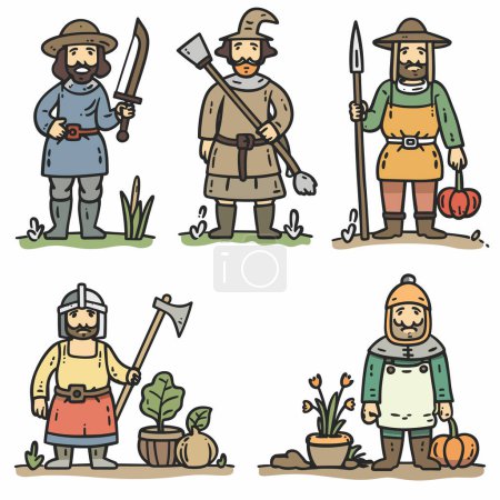 Six medieval characters, rustic cartoonstyle, various occupations. Top row three men left sword, center shovel, right spear gourd. Bottom row depicts two left axe plants, right standing flowers