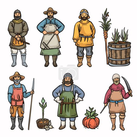 Mittelalterliche Charaktere verschiedener Berufe. Oben links Soldatenpanzerschwert, oben Mitte Schmiedeschürzenhammer, rechts Bauer mit Garbenweizen neben Fasspflanzen. Links unten präsentiert