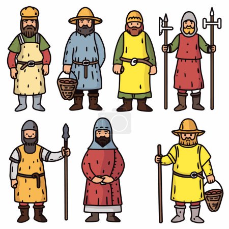 Set medieval characters, various medieval professions depicted. Illustration diverse professions, tools clothing, character represents different roles