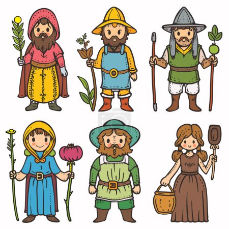 Six cartoon medieval characters holding plants tools. Top left male character red hooded cloak yellow robe holds olive branch. Middle top male character wears blue hat, overalls, holds fork, sprig