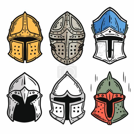 Sechs mittelalterliche Helme illustriert verschiedene Farben Designs, Helm verfügt über unterschiedliche historische Stile, geeignete Ritter Krieger. Diese Abbildungen werden für Lehrinhalte über Rüstung verwendet