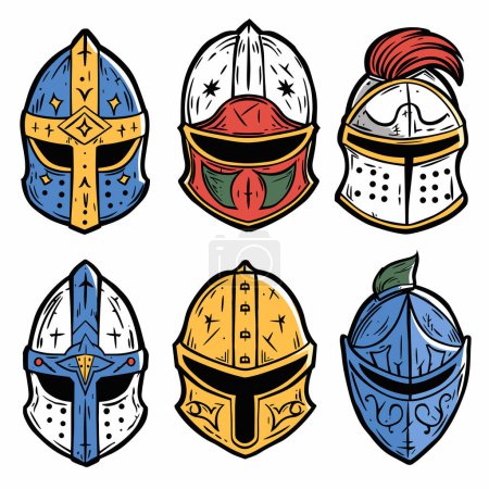 Six medieval knight helmets illustrated various colors designs. Helmets feature intricate details crests, plumes, visors, decorative patterns. Colors include blue, red, white, yellow, green golden