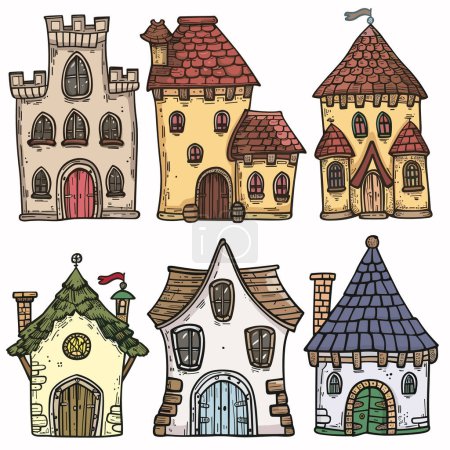 Colección de edificios de fantasía dibujados a mano, coloridas ilustraciones de arquitectura medieval. Casas caprichosas detalladas, escenarios perfectos de cuento de hadas, diseño único. Diversas estructuras que van castillos pintoresco