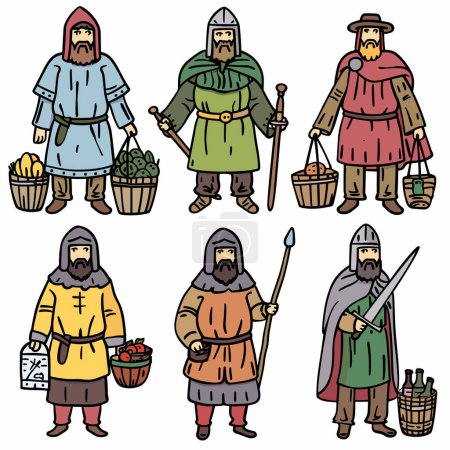 Six medieval characters, carrying various items, professions likely farmers warriors. Men historical clothing, swords, produce baskets, capes, hoods, diverse colors. Middle Ages lifestyle, market