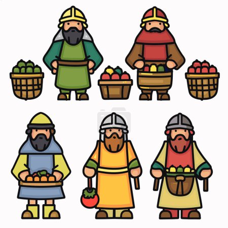 Six medieval merchants displayed, holding fruit baskets. Characters wear historical costume, hats green, red, blue, yellow tunics. Various fruit baskets suggest market scene, trade, agriculture