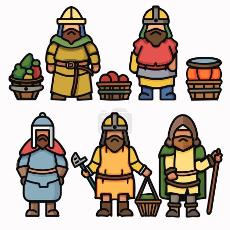 Medieval cartoon characters, colorful diverse, depict different roles. Middle Ages market scene, vendors warriors, vegetables, bread, bucket. Viking knight figures, armed traditional costumes