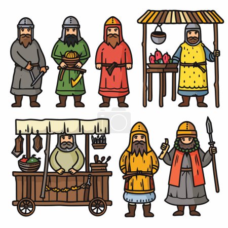 Mittelalterliche Charaktere Marktstand bunte Vektorillustration. Sechs Cartoonfiguren, die verschiedene mittelalterliche Berufe repräsentieren, darunter Soldatenhändler. Illustration passend zur Ausbildung