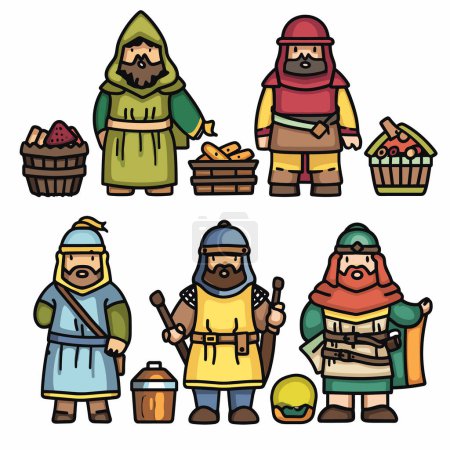 Sechs mittelalterliche Comicfiguren, verschiedene Rollen, bunte Gewänder. Verkäufer Krieger, Körbe Waren, Waffen, Helme. Detaillierte Kostüme suggerieren unterschiedliche mittelalterliche Berufe