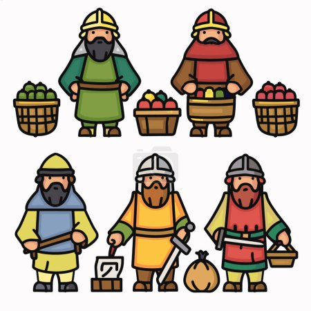 Six cartoon medieval merchants displaying various fruits, vegetables, crafts one pouring liquid jug. No specific ethnicity gender appears male, medieval attire, bright colors, tradespeople. Stylized