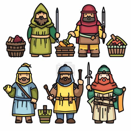 Six medieval characters, holding different items, colorful attire, cartoon medieval people illustration. Characters various costumes, fruit baskets, weapons, colorful vector scene, farmer, soldier