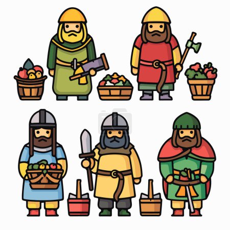 Six personnages médiévaux debout, tenant différents objets, couleurs vives. Personnages rangée supérieure armure, casques, armes, le milieu a des fruits du panier. Armure en maille de rang inférieur, épées, paniers