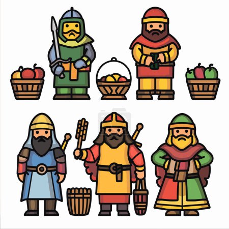 Sechs mittelalterliche Zeichen stilisierte Vektorillustration. Krieger des Mittelalters Bauern Waffen Körbe Obst, Charakter einzigartig gekleidet, die Rollen Aktivitäten feudalen Gesellschaft