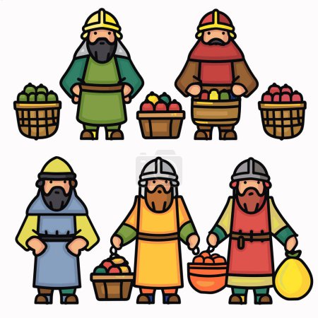 Six marchands médiévaux de dessins animés vendant des fruits, des couleurs vives, des costumes divers. Marchands paniers pommes, oranges, fruits variés. Vendeurs barbus vêtements colorés, coiffure, ambiance de marché