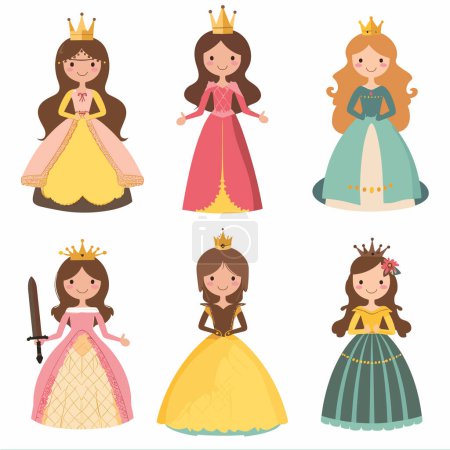 Six cartoon princesses wearing colorful royal dresses crowns, princess has unique hairstyle dress design, friendly appearance. Characters suitable childrens book, fairy tale, game design