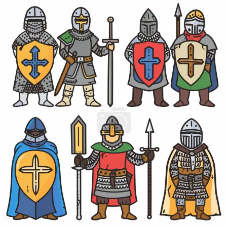Sammlung mittelalterlicher Ritter, die stolze Rüstung Schwerter, Schilde, Speere stehen. Diverse Ritter zeigen heraldische Symbole, tragen Helme, Kettenhemden und bunte Tunika-Umhänge. Sechs Cartoons illustriert