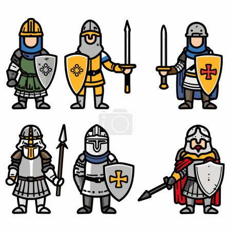 Medieval knights vector illustration featuring six warriors armor holding swords, spears, shields. Cartoon knights various emblems shields, standing ready battle. Stylized depiction historical
