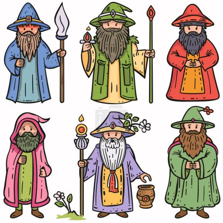 Six wizards, unique design, hold various mystical items. Detailed colorful robes, beards, hats define these magical characters. Cartoon style wizards, handdrawn fantasy themes