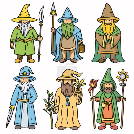 Six different wizards beards, colorful robes, magical staffs, wizard unique magical items wears hats indicative their mystical status. Detailed illustration, vibrant colors, diverse