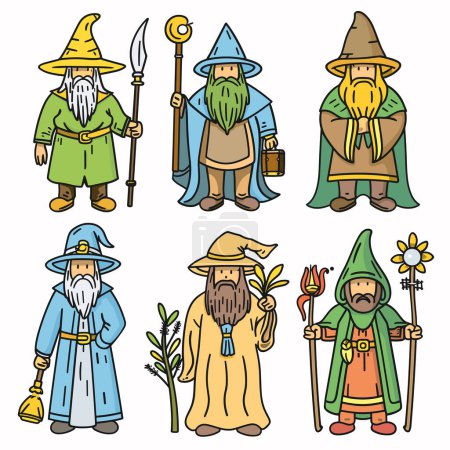 Six cartoon wizards various robes hats holding magical staffs wands. Diverse colors props representing different fantasy magic users, isolated white background. Wizards, beards, cloaks, fantasy