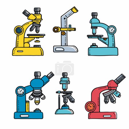 Colorful set laboratory microscopes, flat line design. Scientific research equipment, colorful cartoon style microscopes. Six different microscope designs, laboratory instruments, isolated