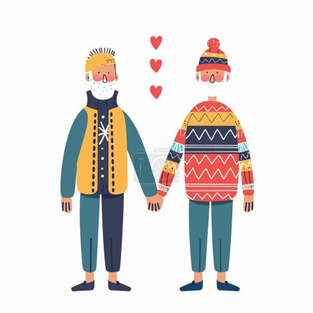 Two illustrated characters holding hands, wearing colorful winter clothing, expressing love companionship heart symbols. Cartoon couple outfitted vibrant sweaters, coats, beanies against isolated