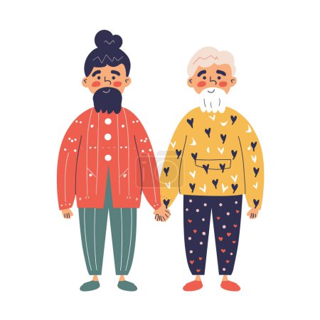 Adult male elderly man standing together, both smiling, cartoon illustration. Younger male has dark hair, beard, colorful red jacket older gentleman, white hair, beard, yellow sweater hearts