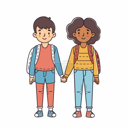 Asiatischer Junge, afroamerikanisches Mädchen, Händchen haltend, beide lächelnd, in lässig gekleideten Rucksäcken. Junge multikulturelle Freunde, die Freundschaft zeigen, zusammenstehen, fröhliche Mimik. Karikatur