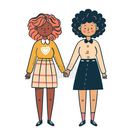 Illustration for Two smiling young women holding hands, one red curly hair, yellow sweater, plaid skirt, brown, curly hair, beige blouse, navy blue skirt, brown, both wearing shoes - Royalty Free Image