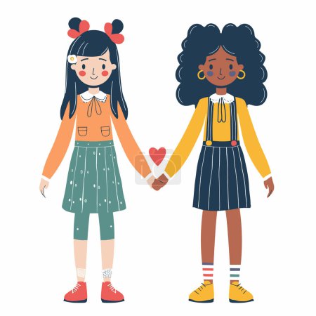 Two girls holding hands, diverse friendship, Asian African American characters, casual clothing, skirts, smiles, heart symbol between them, racial diversity, children, innocence, colorful flat